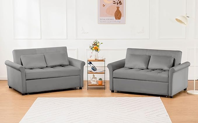COMHOMA 55" Sleeper Sofa Bed, 3-in-1 Pull Out Couch with Adjustable Backrest and Pillows, Convertible Sleeper Couch for Living Room and Office (Grey) - LeafyLoom