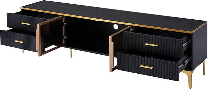 Merax Stylish LED TV Stand for Televisions Up to 78'', Entertainment Center with Brown Glass Storage Cabinet, Marble-veined Table Top, Golden Legs & Handles for Living Room, Black - LeafyLoom