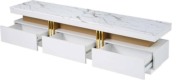Merax Luxury TV Stand with High Gloss Faux Marble Top, Golden Panel Design, and 3 Drawers for Televisions Up to 78'', Rectangle Media Console, Practical Entertainment Center for Living Room, White - LeafyLoom