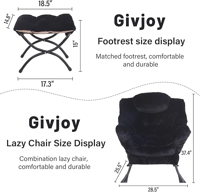 Plush Lazy Chair and Ottoman, Large Contemporary Accent Lounge Chair with Armrests and a Side Pocket, Modern Leisure Upholstered Sofa Reading Armchair with Footrest for Bedroom, Living Room - LeafyLoom