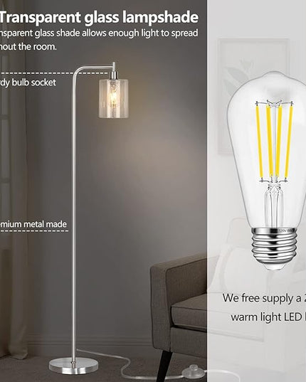 QiMH Industrial Floor Lamp for Living Room, Modern Standing Lamp with HD Glass Lampshade and Pedal Switch, 67” Tall Pole Light for Bedroom Study Room, Brushed Silver (2700K LED Bulb Included) - LeafyLoom
