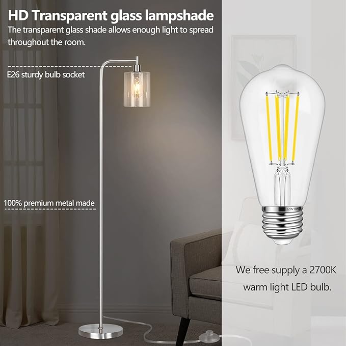QiMH Industrial Floor Lamp for Living Room, Modern Standing Lamp with HD Glass Lampshade and Pedal Switch, 67” Tall Pole Light for Bedroom Study Room, Brushed Silver (2700K LED Bulb Included) - LeafyLoom