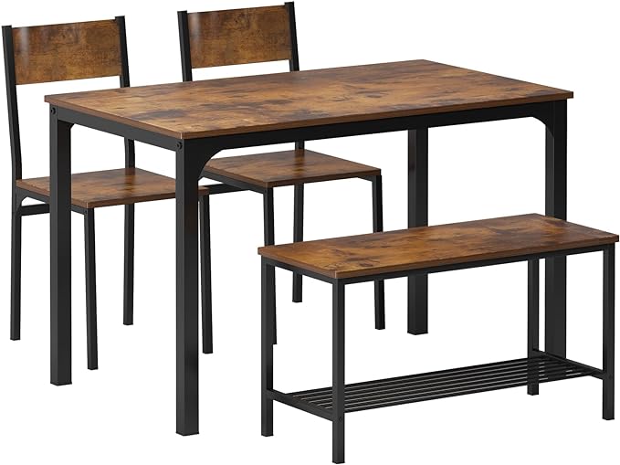 soges 4 Person Dining Table Set, 43.3inch Kitchen Table Set for 4, Dining Room 2 Chairs with Backrest, 2-Person Bench with Storage Rack, Vintage Brown - LeafyLoom