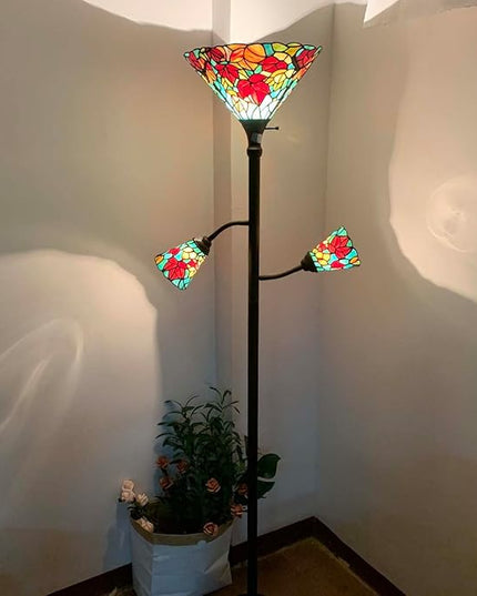 Bieye L10884 Maple Tree Leaves Tiffany Style Stained Glass Torchiere Floor Lamp with Sidelights for Reading Home Decor, 70-inches Tall (Maple Leaf, Red) - LeafyLoom