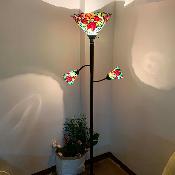 Bieye L10884 Maple Tree Leaves Tiffany Style Stained Glass Torchiere Floor Lamp with Sidelights for Reading Home Decor, 70-inches Tall (Maple Leaf, Red) - LeafyLoom
