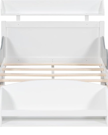 Twin Size Car-Shaped Platform Bed with 2 Storage Shelf,Kids Cars Beds W/Wheels,Slats Support,Saving Space,Easy Assembly,Wood Car Bedframe for Boys Toddlers Teens Bedroom,White - LeafyLoom