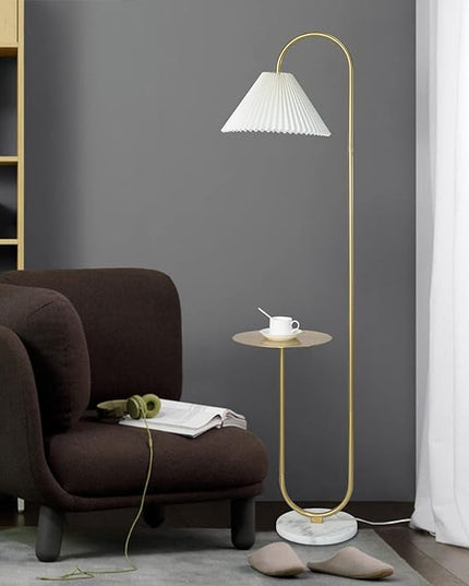 Modern Elegant with Tray Floor Lamp for Office Cafe Den Living Room Bedroom, Foot Switch and Brass/Gold Finish,Light Yellow Pleated Cloth Lampshade - LeafyLoom