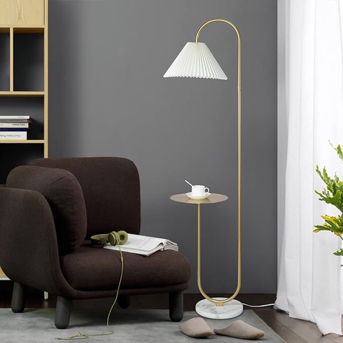 Modern Elegant with Tray Floor Lamp for Office Cafe Den Living Room Bedroom, Foot Switch and Brass/Gold Finish,Light Yellow Pleated Cloth Lampshade - LeafyLoom