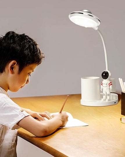 Desk Lamp for Teens Astronaut Desk Lamp with Projection Light and Pen Holder, Kids LED Desk Lamp for Bedroom Reading, Stepless Dimming Desk Lamp Eye-Caring for Studying - LeafyLoom
