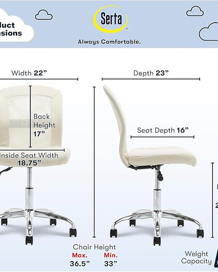 Serta Essential Armless Desk Chair Small TaskChair with Wheels, Breathable Mesh Back, SertaQuality Foam Cushion Seat for Comfort, Functional, Lightweight and Versatile, Task, Cream White - LeafyLoom