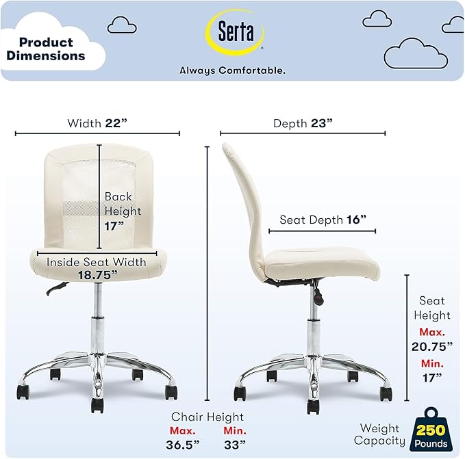 Serta Essential Armless Desk Chair Small TaskChair with Wheels, Breathable Mesh Back, SertaQuality Foam Cushion Seat for Comfort, Functional, Lightweight and Versatile, Task, Cream White - LeafyLoom
