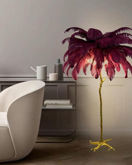 Romantic Ostrich Feather Floor Lamp Modern Luxury Resin Ostrich Feather LED Lamp Living Room Bedroom Corner Decoration Floor Lamp (Wine Red - LeafyLoom