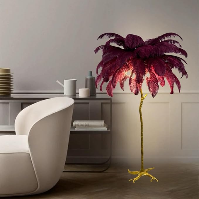 Romantic Ostrich Feather Floor Lamp Modern Luxury Resin Ostrich Feather LED Lamp Living Room Bedroom Corner Decoration Floor Lamp (Wine Red - LeafyLoom