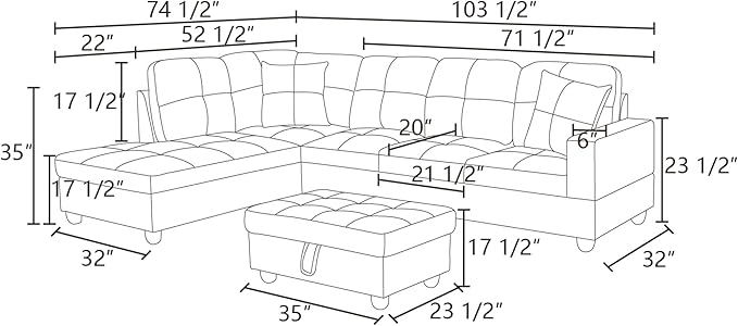 L Shaped Sofa with Ottoman Modern Sectional Living Room, Bedroom, Office, L Couch Glistening White - LeafyLoom