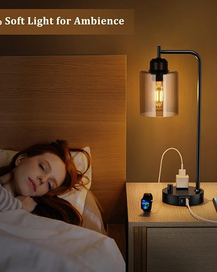 Industrial Small Desk Lamp for Nightstand - Amber Clear Glass Shade Table Lamp with USB C Port, Fully Dimmable Black Bedside Lamp with USB Port and Outlet, Bedroom Lamp for Reading Office - LeafyLoom