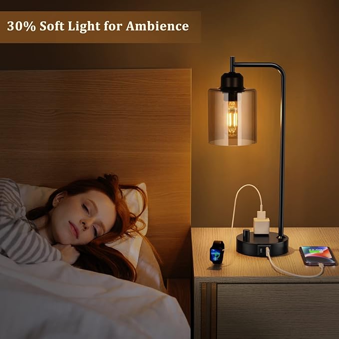 Industrial Small Desk Lamp for Nightstand - Amber Clear Glass Shade Table Lamp with USB C Port, Fully Dimmable Black Bedside Lamp with USB Port and Outlet, Bedroom Lamp for Reading Office - LeafyLoom