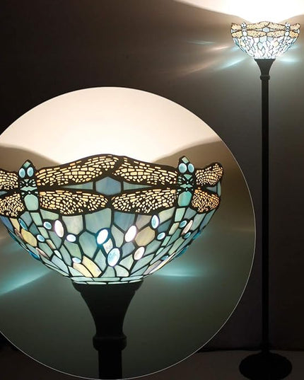WERFACTORY Tiffany Floor Lamp Sea Blue Stained Glass Dragonfly Light 12X12X66 Inches Pole Torchiere Standing Corner Torch Uplight Decor Bedroom Living Room Home Office S147 Series - LeafyLoom