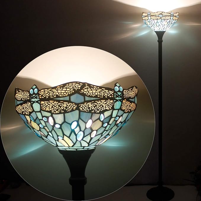 WERFACTORY Tiffany Floor Lamp Sea Blue Stained Glass Dragonfly Light 12X12X66 Inches Pole Torchiere Standing Corner Torch Uplight Decor Bedroom Living Room Home Office S147 Series - LeafyLoom