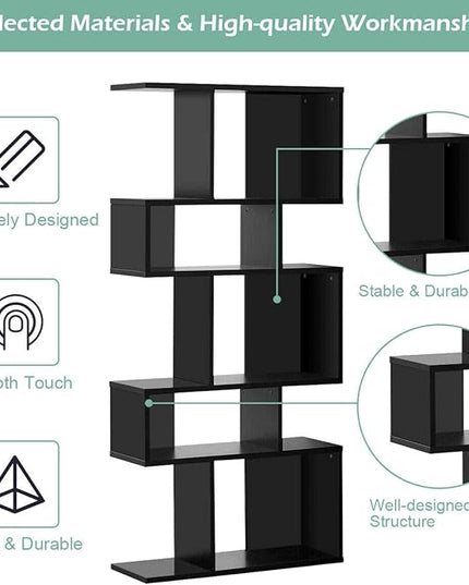 Giantex 5-Tier Geometric Bookshelf Black, 70" Tall Wood Freestanding Decorative Display Open Shelves with Anti-Tipping Device, Each Shelf Holds up to 44 lbs, Wooden S Shaped Bookcase - LeafyLoom