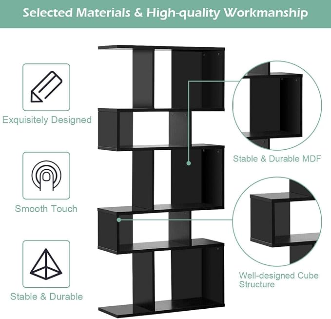 Giantex 5-Tier Geometric Bookshelf Black, 70" Tall Wood Freestanding Decorative Display Open Shelves with Anti-Tipping Device, Each Shelf Holds up to 44 lbs, Wooden S Shaped Bookcase - LeafyLoom
