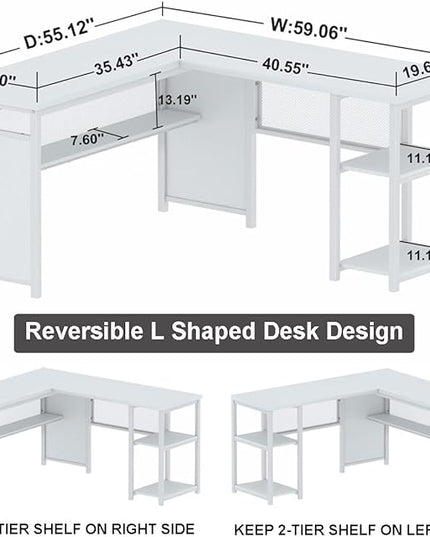 FATORRI L Shaped Computer Desk, Reversible Modern Corner Desk for Home Office, Rustic Wood and Metal Desk with Storage, White Oak (59 Inch) - LeafyLoom