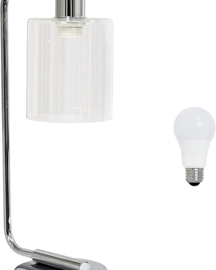 Simple Designs LD1036-CHR-LB 18.8" Industrial Bronson Antique Style Iron Lantern Desk Table Lamp with Glass Shade for Home Décor, Office, Living Room, Bedroom, Chrome, with Feit LED Bulb Included - LeafyLoom