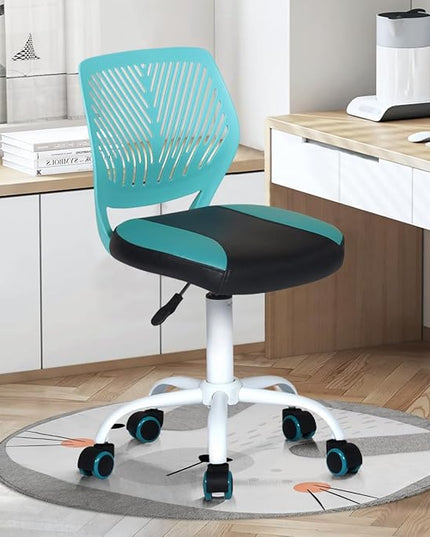 FurnitureR Desk Chair Small Study Chairs Armless for Child Kids Teens, Swivel Rolling Lightweight Task Chair with Wheels and Pu Leather Padded Cushion, Green/Black - LeafyLoom