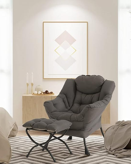 Lazy Chair with Ottoman, Modern Chair with Folding Footrest, Lounge Accent Chair, Comfortable Reading Chair, Oversized Armchairs for Bedroom, Study, Living Room, Courtyard (Dark Grey) - LeafyLoom