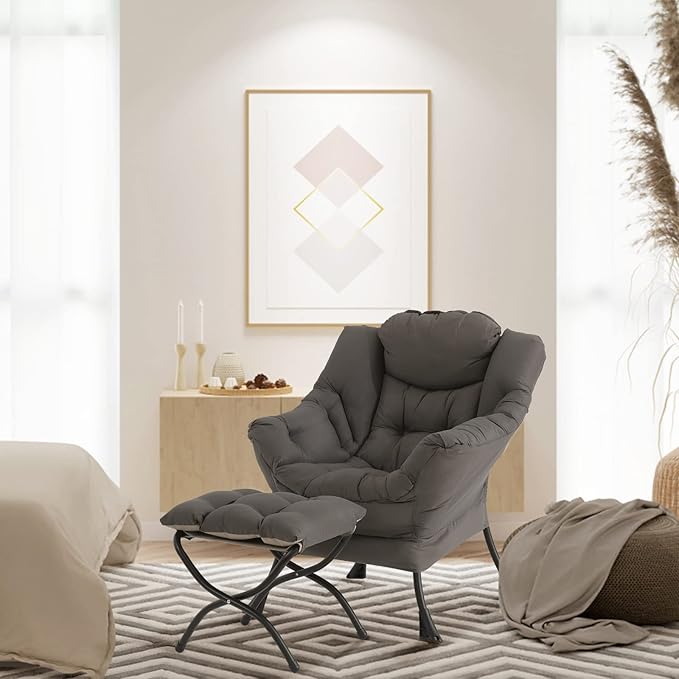 Lazy Chair with Ottoman, Modern Chair with Folding Footrest, Lounge Accent Chair, Comfortable Reading Chair, Oversized Armchairs for Bedroom, Study, Living Room, Courtyard (Dark Grey) - LeafyLoom