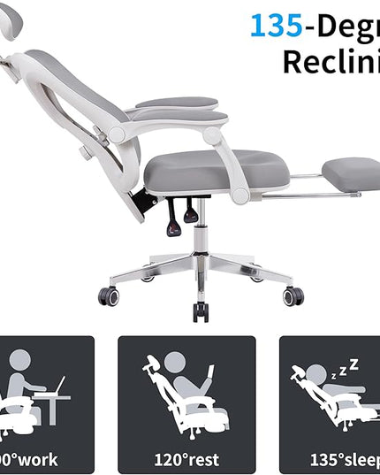 Ergonomic Office Chair with Footrest | Adjustable Lumbar Support, Reclining Desk Chair with Leg Rest, Comfortable Mesh Computer Chair for Home & Office (Grey) - LeafyLoom