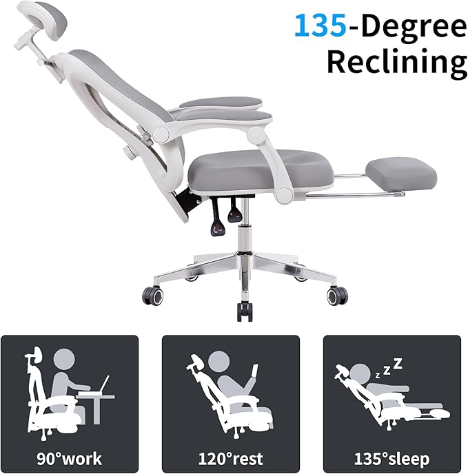 Ergonomic Office Chair with Footrest | Adjustable Lumbar Support, Reclining Desk Chair with Leg Rest, Comfortable Mesh Computer Chair for Home & Office (Grey) - LeafyLoom