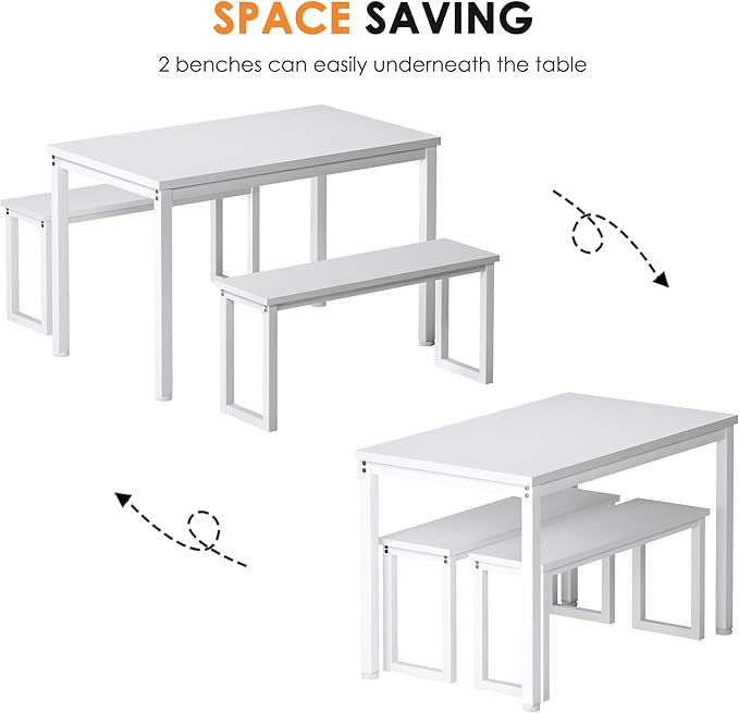 soges Kitchen Table Set with 2 Benches, White Dining Table Set for 4, 3 Piece Dining Room Table and Long Benches, Breakfast Table Coffee Table Set, Industrial Style Wooden Kitchen and Dining Room Set - LeafyLoom