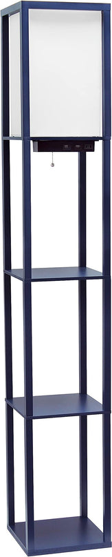 Simple Designs LF1037-NAV Floor Lamp Etagere Organizer Storage Shelf with 2 USB Charging Ports, 1 Charging Outlet and Linen Shade, Navy Blue - LeafyLoom