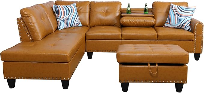 ROOMTEC L Shaped Sectional Sofa with Storage Ottoman, Left Facing Chaise Longue, Reversible Backrest w/ 2 Cup Holders, Semi PU Synthetic Leather Tufted Cushions, for Living Room, Ginger - LeafyLoom