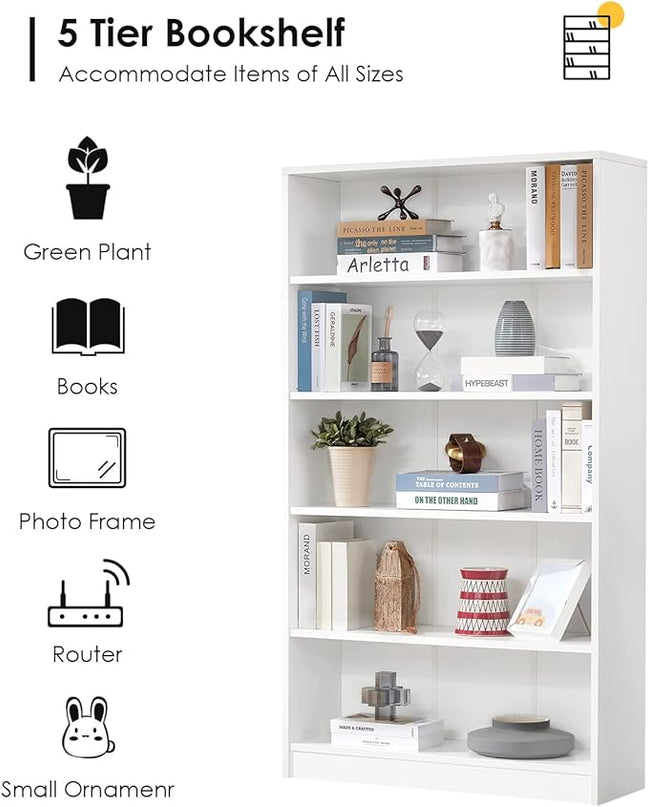 Farini White Bookshelf for Bedroom 5 Shelf Office Bookcase 60 Inches Tall Modern Wood Bookshelf for Living Room 5 Tier Wide Manga Bookshelf Library Bookcase - LeafyLoom