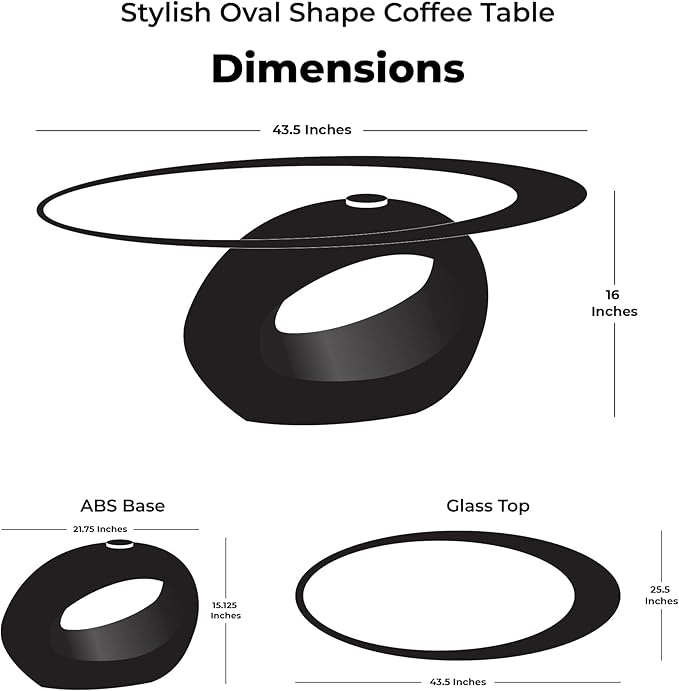 Fab Glass and Mirror Coffee High Gloss Base Modern Black Center Table with Oval Glass Top for Living Room, Offices, 25.5 X 43.5 - LeafyLoom