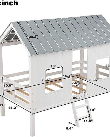 Twin Size Low Loft House Bed with Roof and Two Front Windows, Perfect for Kids Bedroom,Space Saving Design & No Box Spring Needed,80.4"x45.2"x71.4", White - LeafyLoom