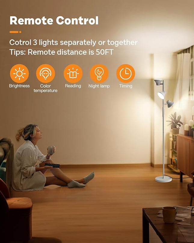LED Tree Floor Lamp Silver, 36W Super Bright Standing Lamp with Remote Control, 4 Color Temperatures, 3 Rotatable LED Lights, Dimmable Floor Lamps for Living Room, Bedroom, Office - LeafyLoom
