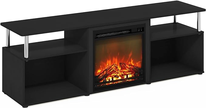 Furinno Jensen Open Storage Fireplace Entertainment Center for TV up to 70 Inch with Stainless Steel Tubes, Americano/Chrome - LeafyLoom