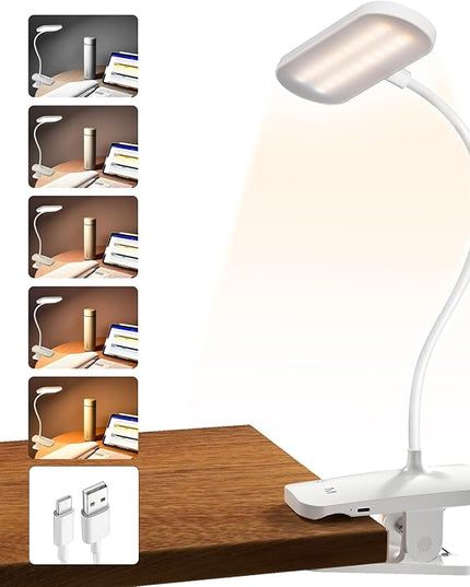 Desk Lamp Battery Operated, Clip on USB Rechargeable Reading Light for Headboard with Large Clamp, 25 Models Adjustable Cordless Touch Light for Bed Frame Bunk Dorm Table Bedside (White) - LeafyLoom