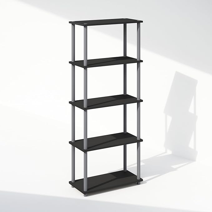 Furinno Turn-N-Tube 5-Tier Multipurpose Compact Display Rack, Shelving Unit, Bookcase, Black/Grey - LeafyLoom