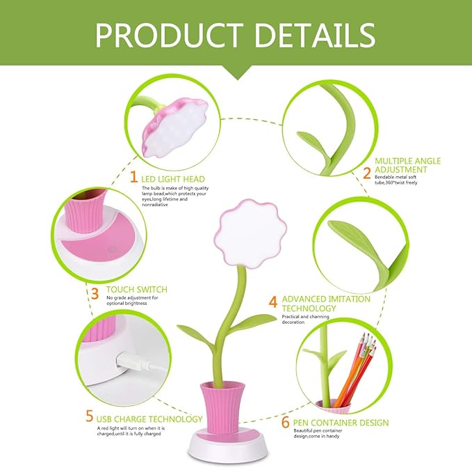 Desk Lamp for Kids Sunflower LED Charging Table Lamp Support Eye Protection Small Desk Folding for Reading,Study and Office, Adjustable Brightness - Pink - LeafyLoom