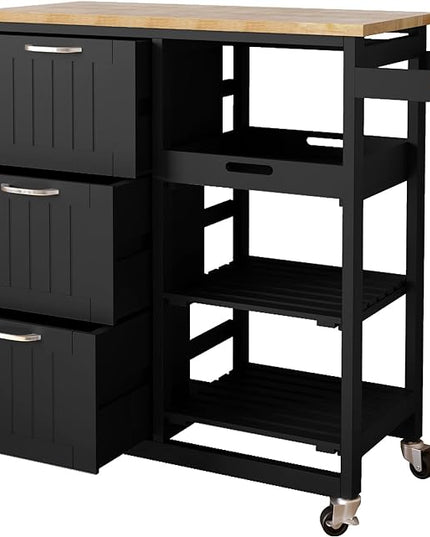 Usinso Kitchen Island Cart with 3 Tier Holder Kitchen Serving Carts Rolling Bar Cart Natural Solid Wood Top with 3 Tier Storage Drawer, Handle Racks, Caster Liquor Cart Suitable for Placing (Black) - LeafyLoom