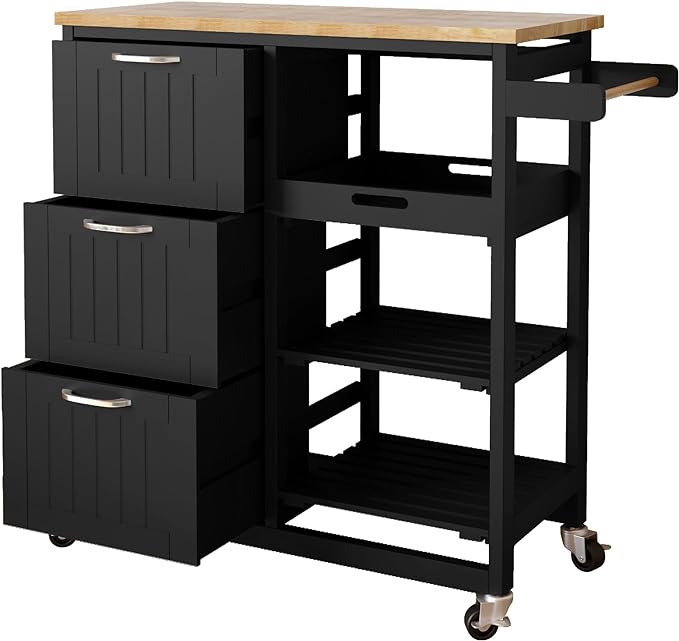 Usinso Kitchen Island Cart with 3 Tier Holder Kitchen Serving Carts Rolling Bar Cart Natural Solid Wood Top with 3 Tier Storage Drawer, Handle Racks, Caster Liquor Cart Suitable for Placing (Black) - LeafyLoom