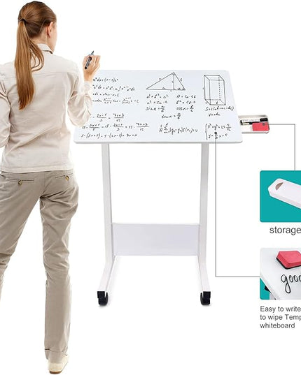 Adjustable Height Standing Desk, Writable Tempered Glass Desktop with Eraser, 360° Flip, Wheels – Ideal for Small Spaces and Home Offices, 31 in, White(Adjustable Height: 32-47 in) - LeafyLoom
