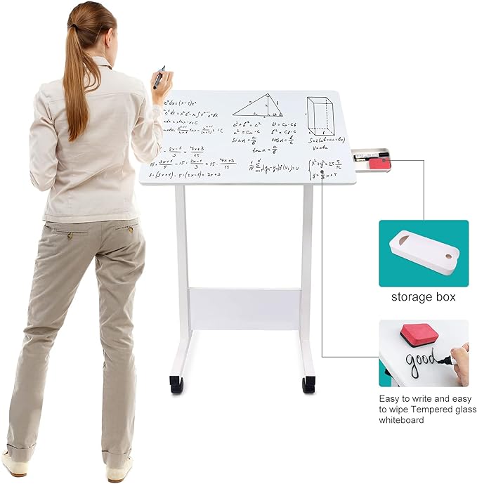 Adjustable Height Standing Desk, Writable Tempered Glass Desktop with Eraser, 360° Flip, Wheels – Ideal for Small Spaces and Home Offices, 24 in, White(Adjustable Height: 32-47 in) - LeafyLoom