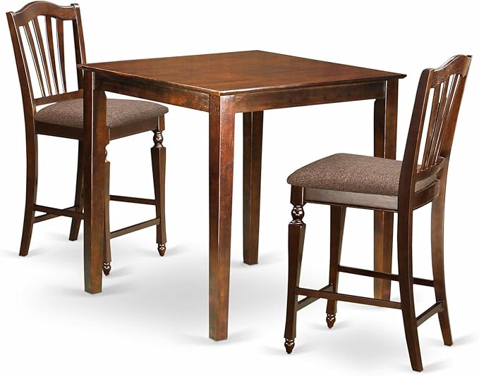 East West Furniture VNCH3-MAH-C Vernon 3 Piece Kitchen Counter Height Dining Set Contains a Square Pub Table and 2 Linen Fabric Upholstered Chairs, 36x36 Inch, Mahogany - LeafyLoom