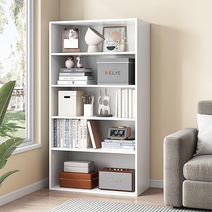 Basic Open Shelf Bookcase - 5-Tier Wooden Cube Storage Shelves Split Bookshelf, White - LeafyLoom