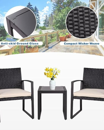 Shintenchi 3 Pieces Outdoor Patio Furniture Set Modern Black Wicker Bistro Set Rattan Chair Conversation with Coffee Table for Yard Porch Poolside Lawn(Beige) - LeafyLoom