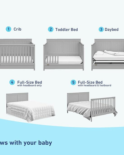 Graco Hadley 5-in-1 Convertible Crib with Drawer (Pebble Gray) – GREENGUARD Gold Certified, Crib with Drawer Combo, Full-Size Nursery Storage Drawer, Converts to Toddler Bed, Daybed - LeafyLoom